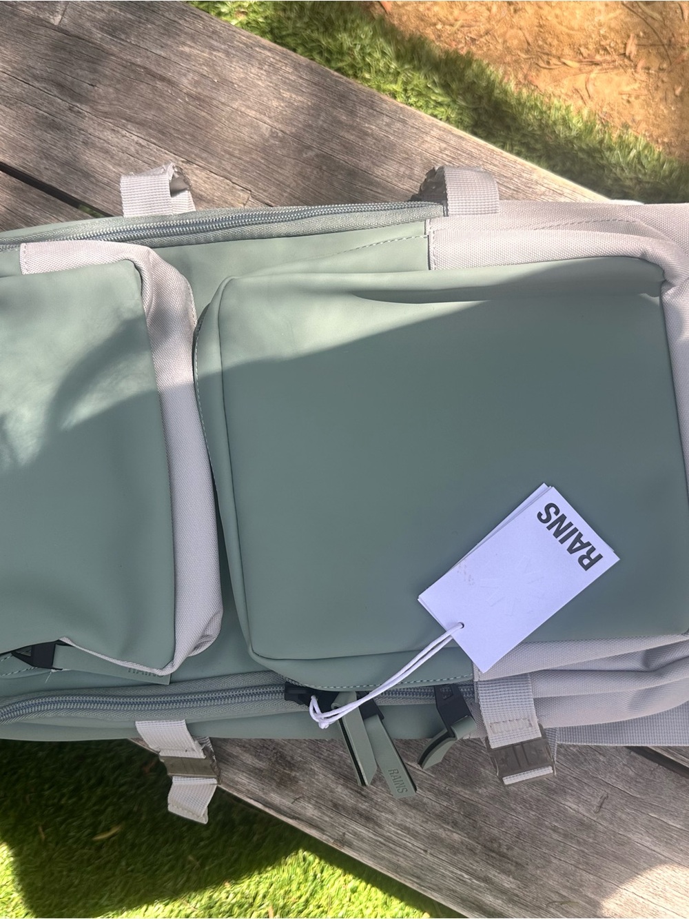 Rains Sage Green Backpack with Cream Accents
